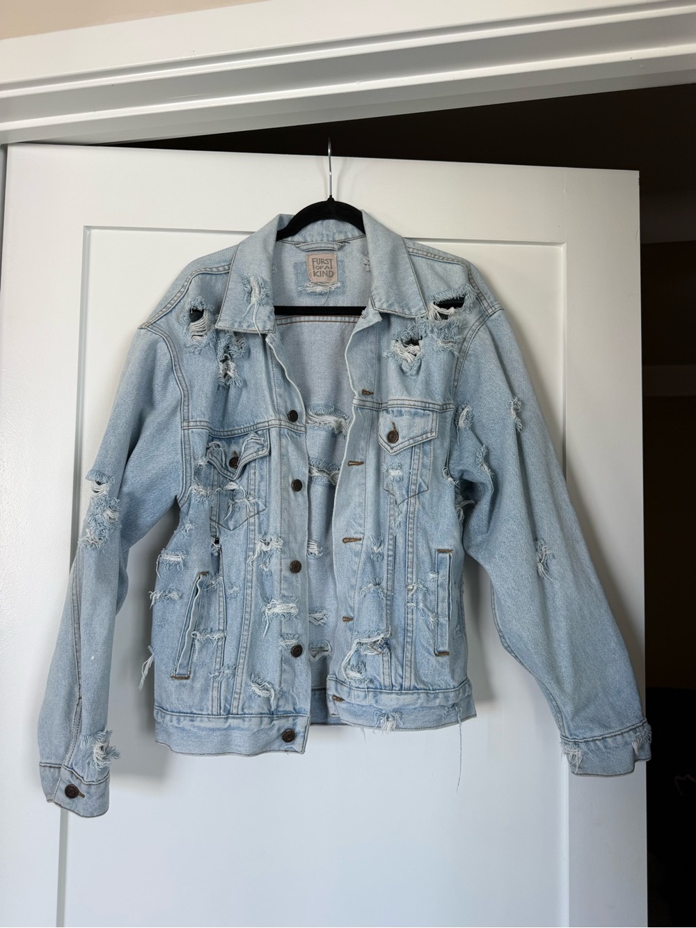Furst of a kind: light Wash Oversized Distressed Denim Jacket